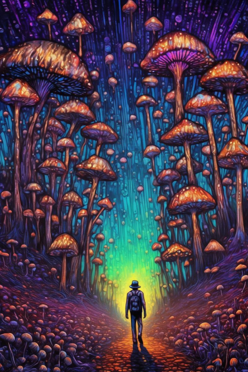 00303-4078543641-_lora_James R. Eads Style_1_James R. Eads Style - a psychedelic style scene featuring a man carrying ten(10) mushroom stem wands.png